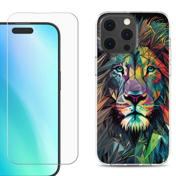 For iPhone 16 Pro Phone Case Cover, Shockproof Case with Tempered Glass Screen Protector, by OneToughShield - Geometric Lion