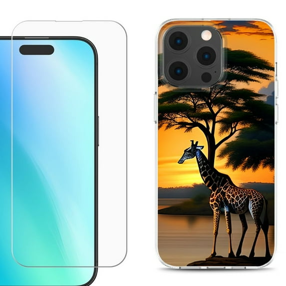 For iPhone 16 Pro Phone Case Cover, Shockproof Case with Tempered Glass Screen Protector, by OneToughShield - Giraffe Sunset