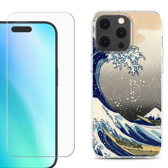 For iPhone 16 Pro Phone Case Cover, Shockproof Case with Tempered Glass Screen Protector, by OneToughShield - Great Wave
