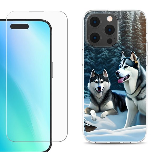 For iPhone 16 Pro Phone Case Cover, Shockproof Case with Tempered Glass Screen Protector, by OneToughShield - Husky Snow