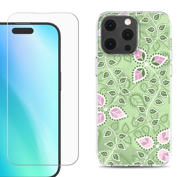 For iPhone 16 Pro Phone Case Cover, Shockproof Case with Tempered Glass Screen Protector, by OneToughShield - Leaf Pink Green