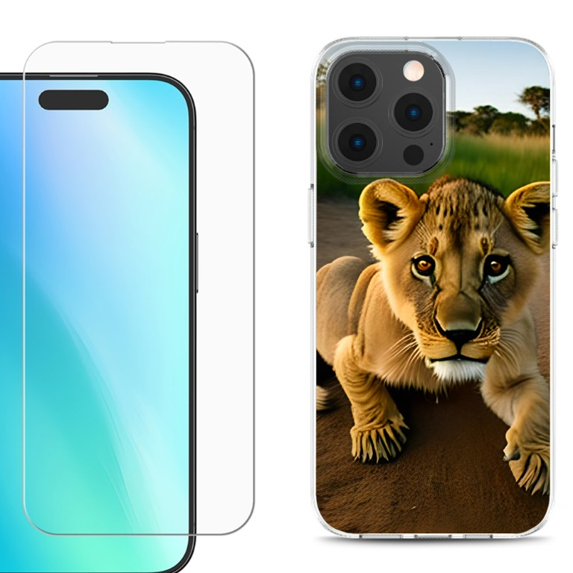 For iPhone 16 Pro Phone Case Cover, Shockproof Case with Tempered Glass Screen Protector, by OneToughShield - Lion Cub
