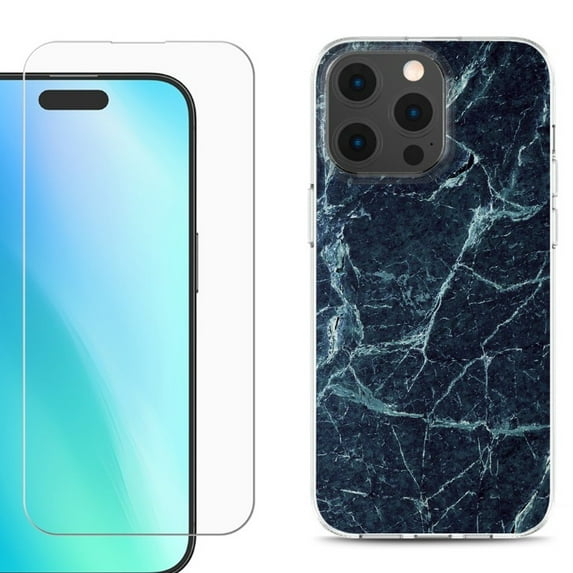 For iPhone 16 Pro Phone Case Cover, Shockproof Case with Tempered Glass Screen Protector, by OneToughShield - Marble / Blue