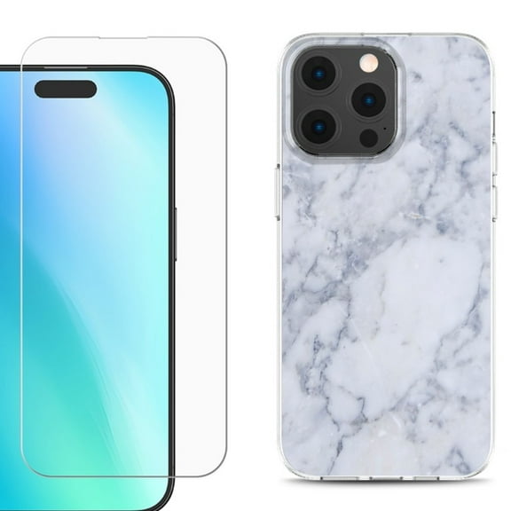 For iPhone 16 Pro Phone Case Cover, Shockproof Case with Tempered Glass Screen Protector, by OneToughShield - Marble / Clouds
