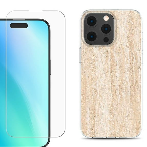For iPhone 16 Pro Phone Case Cover, Shockproof Case with Tempered Glass Screen Protector, by OneToughShield - Marble/Coffee Tone