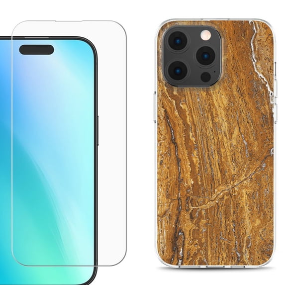 For iPhone 16 Pro Phone Case Cover, Shockproof Case with Tempered Glass Screen Protector, by OneToughShield - Marble / Earth