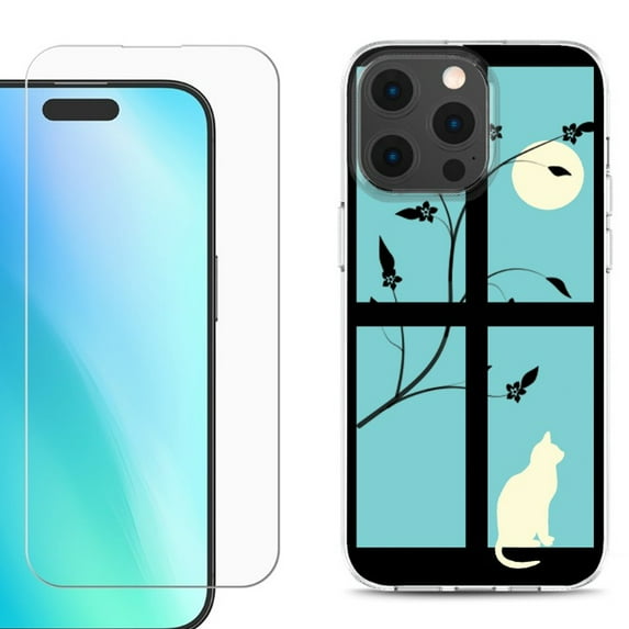 For iPhone 16 Pro Phone Case Cover, Shockproof Case with Tempered Glass Screen Protector, by OneToughShield - Moon/Cat