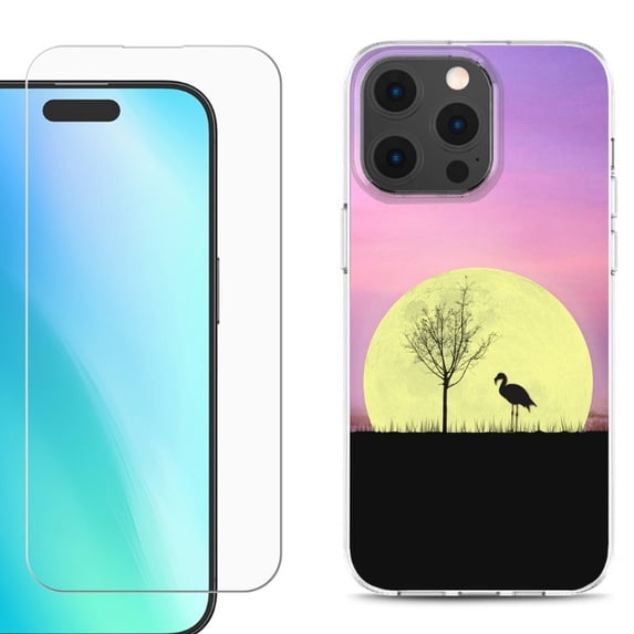 For iPhone 16 Pro Phone Case Cover, Shockproof Case with Tempered Glass Screen Protector, by OneToughShield - Moonlight Flamingo