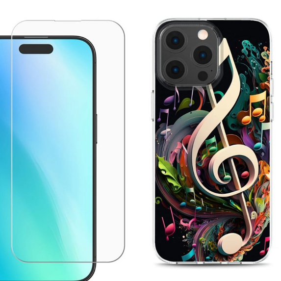 For iPhone 16 Pro Phone Case Cover, Shockproof Case with Tempered Glass Screen Protector, by OneToughShield - Music Notes Colorful
