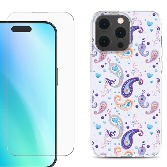 For iPhone 16 Pro Phone Case Cover, Shockproof Case with Tempered Glass Screen Protector, by OneToughShield - Paisley Purple