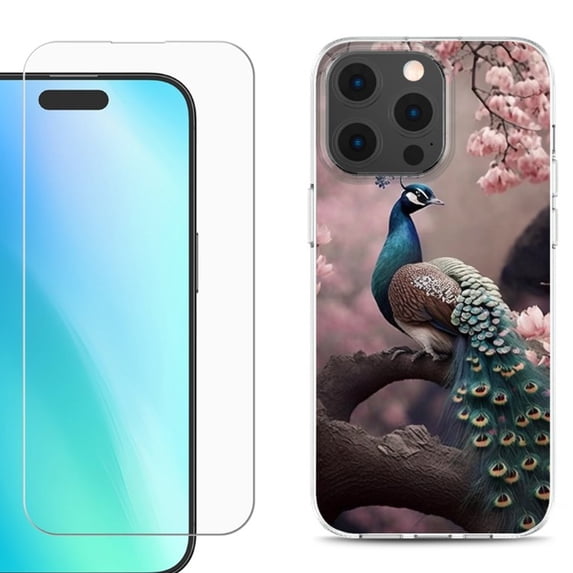 For iPhone 16 Pro Phone Case Cover, Shockproof Case with Tempered Glass Screen Protector, by OneToughShield - Peacock Flower