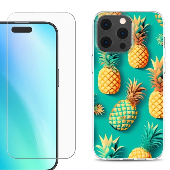 For iPhone 16 Pro Phone Case Cover, Shockproof Case with Tempered Glass Screen Protector, by OneToughShield - Pineapple