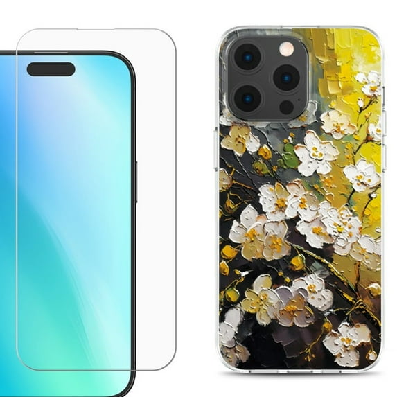 For iPhone 16 Pro Phone Case Cover, Shockproof Case with Tempered Glass Screen Protector, by OneToughShield - Plum Flower