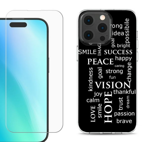 For iPhone 16 Pro Phone Case Cover, Shockproof Case with Tempered Glass Screen Protector, by OneToughShield - Positive Words