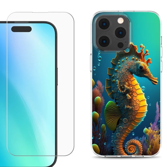 For iPhone 16 Pro Phone Case Cover, Shockproof Case with Tempered Glass Screen Protector, by OneToughShield - Seahorse