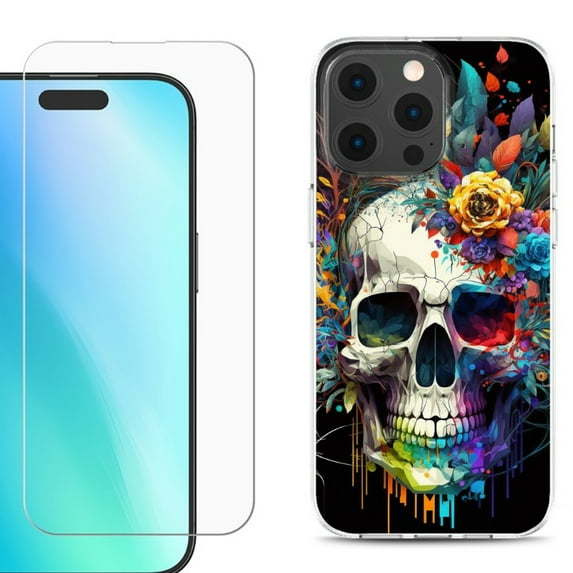 For iPhone 16 Pro Phone Case Cover, Shockproof Case with Tempered Glass Screen Protector, by OneToughShield - Skull Flower