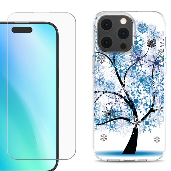 For iPhone 16 Pro Phone Case Cover, Shockproof Case with Tempered Glass Screen Protector, by OneToughShield - Snowflakes Tree