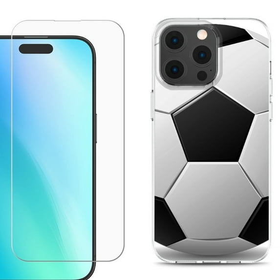 For iPhone 16 Pro Phone Case Cover, Shockproof Case with Tempered Glass Screen Protector, by OneToughShield - Soccer