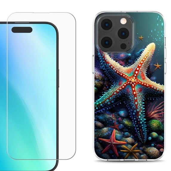 For iPhone 16 Pro Phone Case Cover, Shockproof Case with Tempered Glass Screen Protector, by OneToughShield - Starfish
