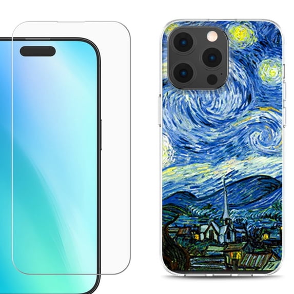 For iPhone 16 Pro Phone Case Cover, Shockproof Case with Tempered Glass Screen Protector, by OneToughShield - Starry Night Paris