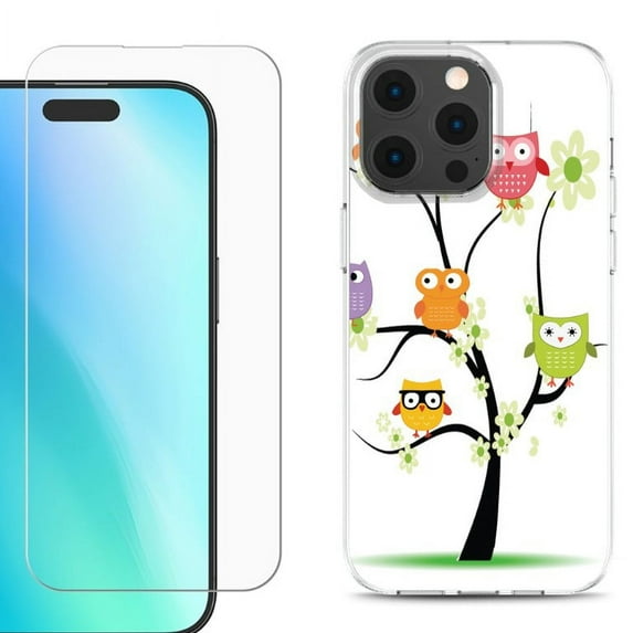 For iPhone 16 Pro Phone Case Cover, Shockproof Case with Tempered Glass Screen Protector, by OneToughShield - Tree Owl
