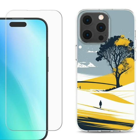 For iPhone 16 Pro Phone Case Cover, Shockproof Case with Tempered Glass Screen Protector, by OneToughShield - Tree on Hill