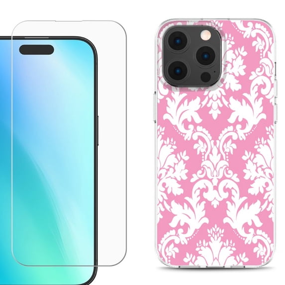 For iPhone 16 Pro Phone Case Cover, Shockproof Case with Tempered Glass Screen Protector, by OneToughShield - Victorian White/Pink