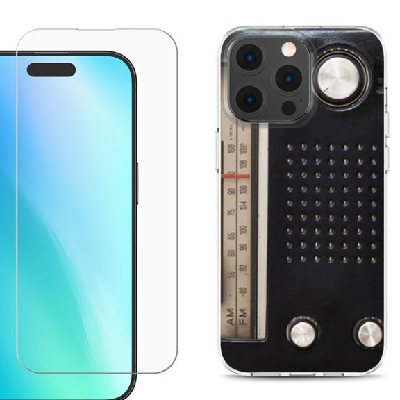 For iPhone 16 Pro Phone Case Cover, Shockproof Case with Tempered Glass Screen Protector, by OneToughShield - Vintage Radio