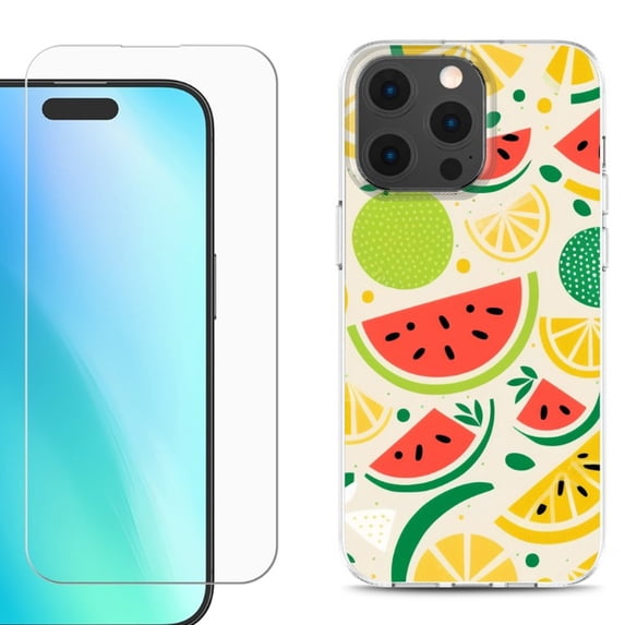 For iPhone 16 Pro Phone Case Cover, Shockproof Case with Tempered Glass Screen Protector, by OneToughShield - Watermelon Mix