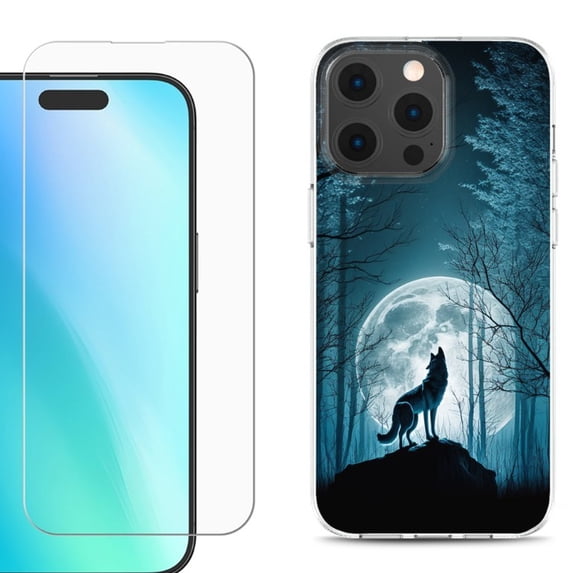 For iPhone 16 Pro Phone Case Cover, Shockproof Case with Tempered Glass Screen Protector, by OneToughShield - Wolf Moon