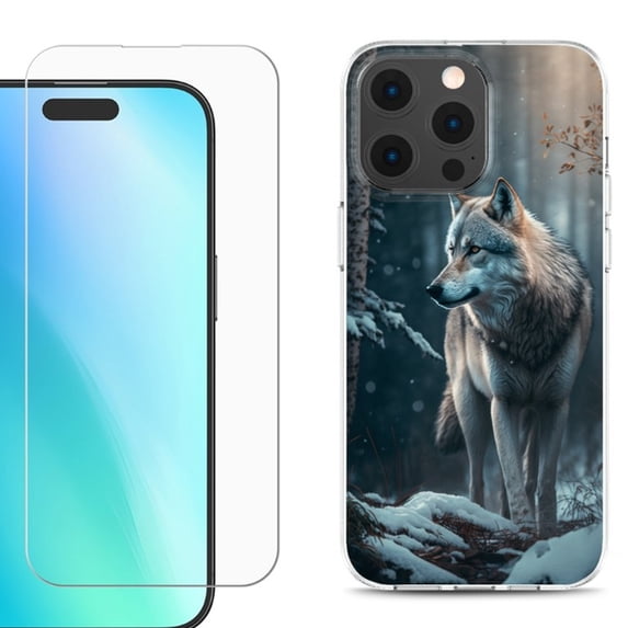 For iPhone 16 Pro Phone Case Cover, Shockproof Case with Tempered Glass Screen Protector, by OneToughShield - Wolf Winter