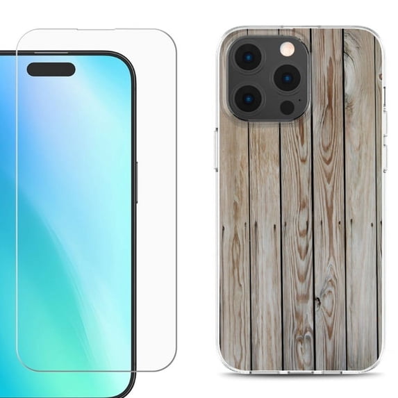 For iPhone 16 Pro Phone Case Cover, Shockproof Case with Tempered Glass Screen Protector, by OneToughShield - Wood Print