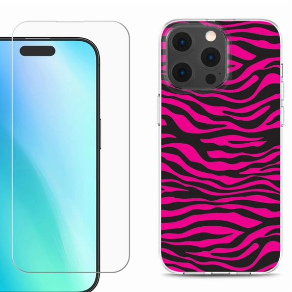 For iPhone 16 Pro Phone Case Cover, Shockproof Case with Tempered Glass Screen Protector, by OneToughShield - Zebra Pink
