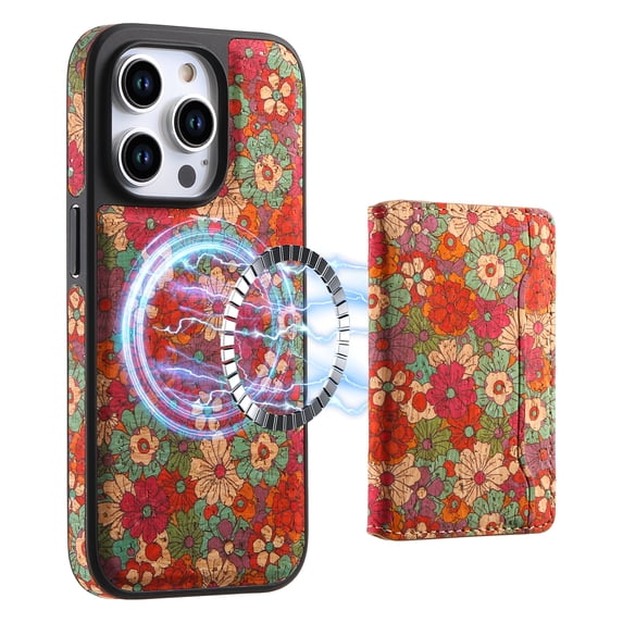 For iPhone 16 Pro case with Card Holder, Designing Flowers Phone PU Leather Case Wallet for Women Men Compatible With mag Safe Wallet Magnetic Detachable 2-in-1 Card Slot,Red