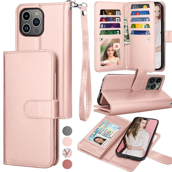 For iPhone 16 Wallet Case with Credit Card Holder and Wrist Strap for Women Men, Tekcoo Detachable Magnetic Phone Case PU Leather Wallet Flip Folio Kickstand Cover for iPhone 16, Rose Gold
