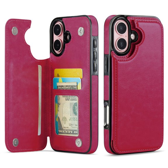 For iPhone 16 Wallet Case with Card Holder, PU Faux Leather Kickstand Card Slots Case, Double Magnetic Clasp and Durable Shockproof Cover