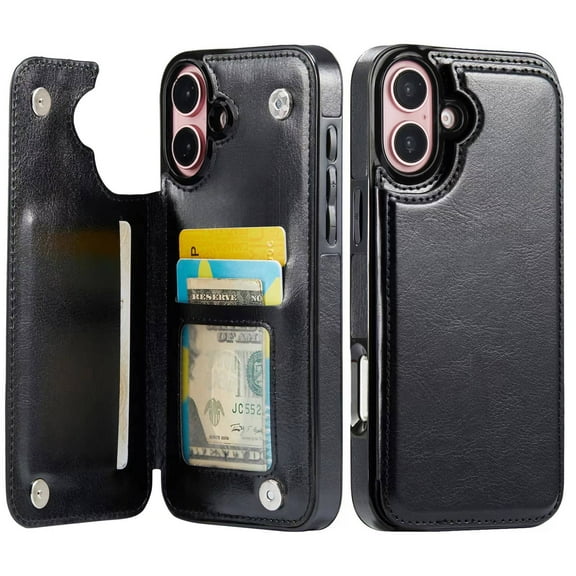 For iPhone 16 Wallet Case with Card Holder, PU Faux Leather Kickstand Card Slots Case, Double Magnetic Clasp and Durable Shockproof Cover
