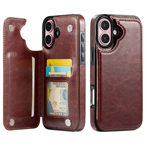 For iPhone 16 Wallet Case with Card Holder, PU Faux Leather Kickstand Card Slots Case, Double Magnetic Clasp and Durable Shockproof Cover