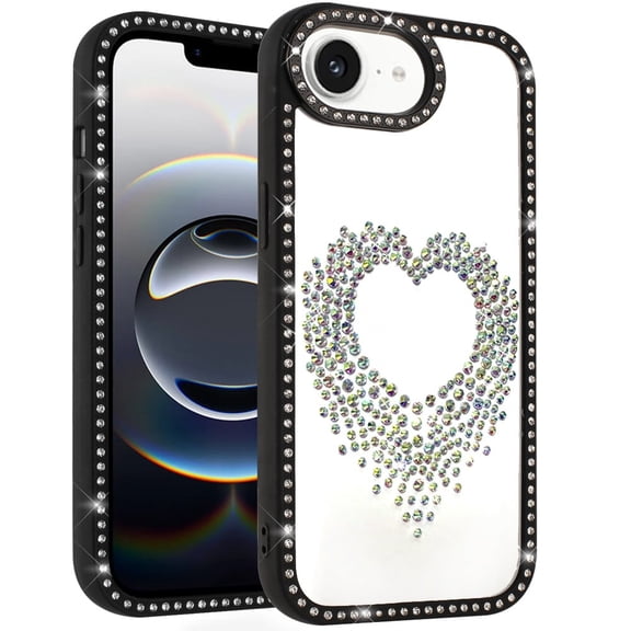 For iPhone 17E / 16E / SE4 Beautiful ANGEL Hearts Glitter Shimmer Diamond Edged Hybrid Case - Black