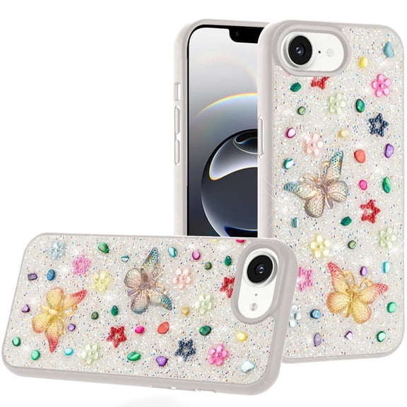 For iPhone 16E (E edition) / SE4 (2025) Butterfly Ornaments Diamond Bling Glitter Hybrid Case - White