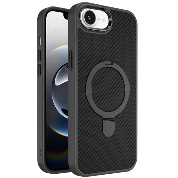 For iPhone 17E / 16E / SE4 Carbon Design [Magnetic Circle] with Ring Stand Hybrid Case - Black