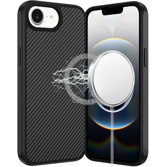 For iPhone 16E (E edition) / SE4 (2025) CarbonFiber Design Magnetic Ring HQ Thick 2.0mm Hybrid Case - Black