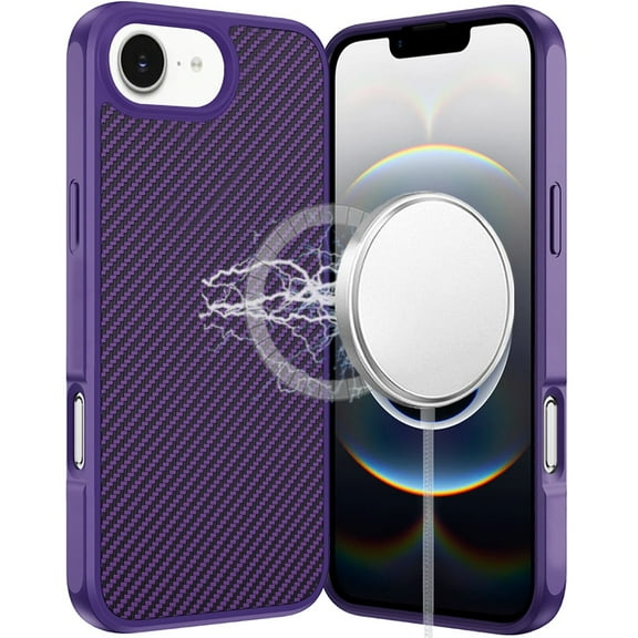 For iPhone 16E (E edition) / SE4 (2025) CarbonFiber Design Magnetic Ring HQ Thick 2.0mm Hybrid Case - Dark Purple