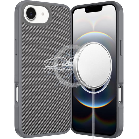 For iPhone 17E / 16E / SE4 CarbonFiber Design Magnetic Ring HQ Thick 2.0mm Hybrid Case - Grey