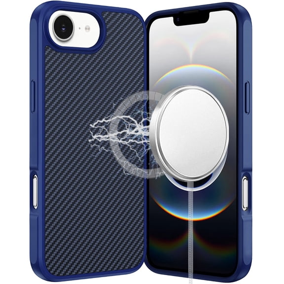 For iPhone 16E (E edition) / SE4 (2025) CarbonFiber Design Magnetic Ring HQ Thick 2.0mm Hybrid Case - Navy Blue