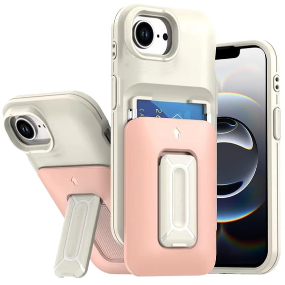 For iPhone 17E / 16E / SE4 Card Holder (2X) with Wrist Strap Hybrid With KickStand - Beige+Light Pink