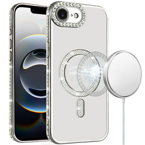 For iPhone 16E (E edition) / SE4 (2025) Diamond Magnetic Circle Thick TPU with Camera Protection - Silver