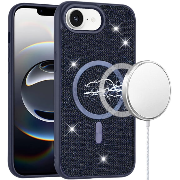 For iPhone 16e/17e Case Magnetic Circle Full Bling Dazzle Cover + Tempered Glass