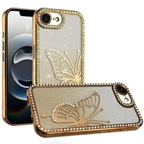 For iPhone 16E (E edition) / SE4 (2025) Electroplated Butterfly With Diamonds Glitter Shimmer Hybrid Case - Gold