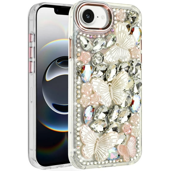 For iPhone 16E (E edition) / SE4 (2025) Lavished Floral Butterfly Bling Stones Hybrid Case - Rose Gold